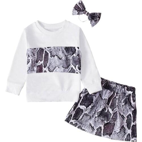 Kids Snakeskin Print Outfits Round Neck Long Sleeve Loose Sweatershirt + Skirt + Bow Hair Rope 3 Pcs Girls Active Casual Set