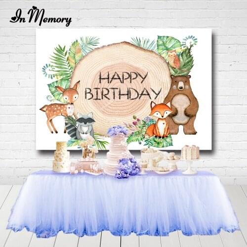 InMemory Animals Woodland Party Photography Backgrounds Green Leaves Fox Bear Deer Kids Birthday Party Backdrop Photo Studio