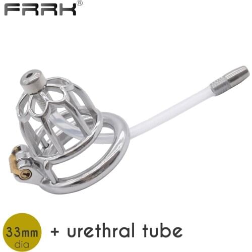 FRRK Metal Chastity Cock Cage with Urethral Tube Catheter Couple Penis Rings BDSM Sex Toys Erotic Sexual Products for Men
