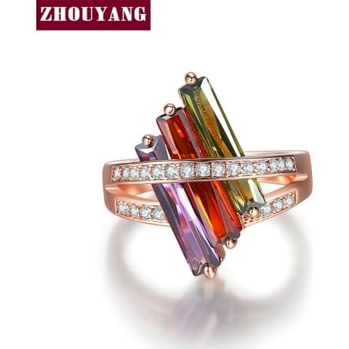ZHOUYANG Rings For Women Mulitcolour Crystal Personal Style Cubic Zirconia Rose Gold Color Ring Party Gift R778