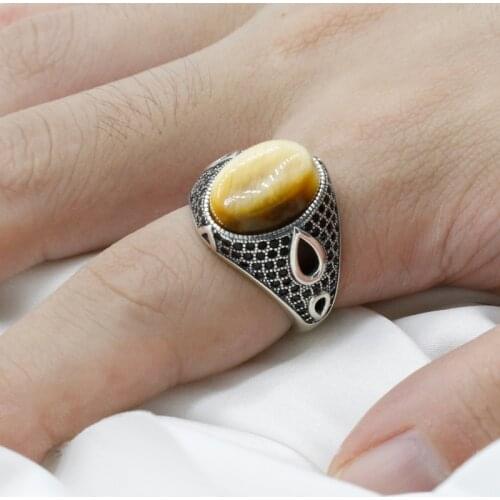 Real 100% 925 Sterling Silver Men Women Ring with Nautral Tiger Eyes Stone Rings Vintage Turkish Jewelry as Party Birthday Gift
