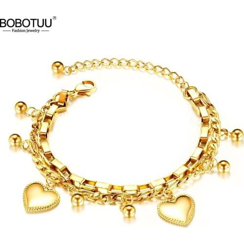 BOBOTUU Trendy Double Layer Stainless Steel Love Heart Ball Charm Bracelets For Women Girls Bohemia Chain Link Jewelry BB19151
