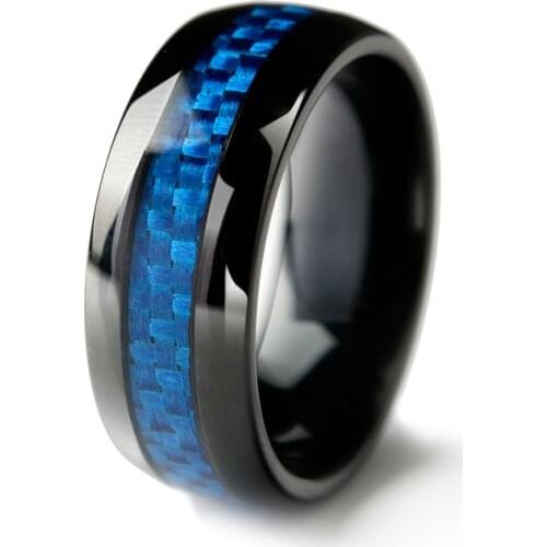 8mm wide dome black stainless steel jewelry mens ring wedding band with blue carbon fiber inlay craft jewelry accessories