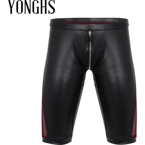 Mens Lingerie Tight Hot Shorts Soft Faux Leather Zipper Crotch Sex Costume Mesh Splice Low Rise Slim Fit Tight Boxer Shorts