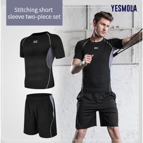 YESMOLA 2pcs/set Mens Sports Suit Fitness Compression Tracksuit Gym Clothes Running Jogging Wear Exercise Workout Fast Dry Suit