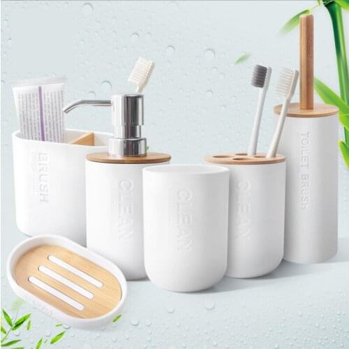 6 Pcs White Bathroom Accessories Set Toilet Brush Holder Toothbrush Holder Soap Dispenser/ Tray Mouthwash Cup Pump Bottle Home
