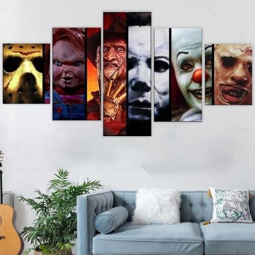 Horror Wall Art 5 Piece Classic Horror Villains Canvas Painting Poster framed posters for men Horror Decor Gift Idea Artwork