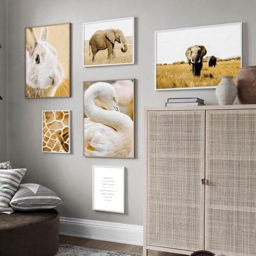 Wall Art Canvas Painting Elephant Rabbit Flamingo Grassland Animal Nordic Posters And Prints Wall Pictures For Living Room Decor