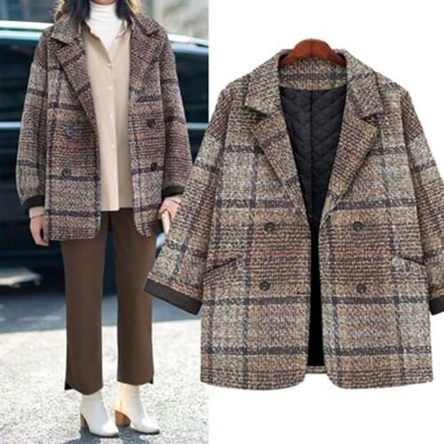 New 2020 Winter Woolen Women Coat Casual Turn-down Collar Thickening Plus Cotton Plaid Double Breasted Wool Outerwear