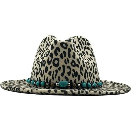 New Trend Unisex Flat Brim Wool Felt Jazz Fedora Hats Men Women Leopard Grain Emerald Band Decor Trilby Panama Formal Hats 60cm