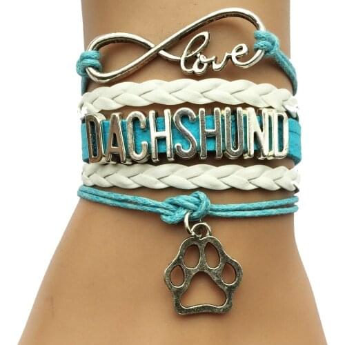 Drop Shipping Infinity Love Dachshund Bracelet- Animal Dog Breed Paw Print Charm Leather Friendship Wrap Gift