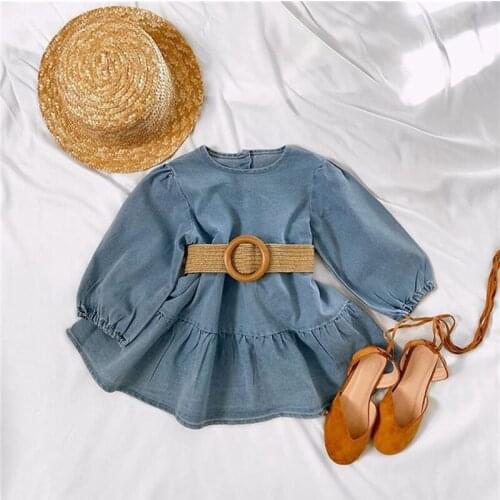 Stylish Kids Girls Casual Long Sleeve Dress with Belt Fashion Solid Color Back Button A-line Short Dress, 1-6Years