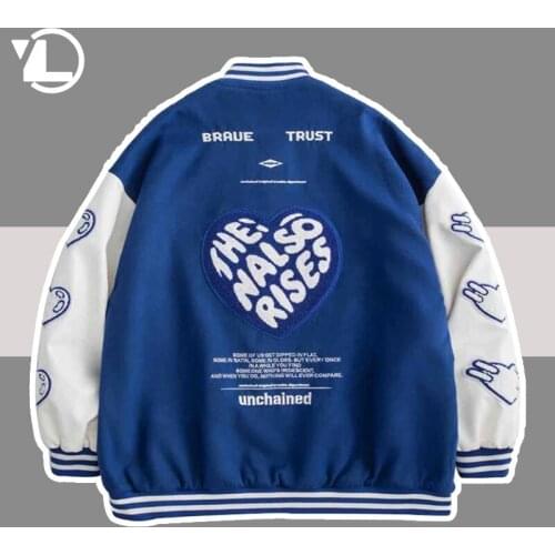Furry Letter Heart Embroidery Baseball Jacket Men Japanese Streetwear Loose College Jackets Unisex Oversized Varsity Bomber Coat