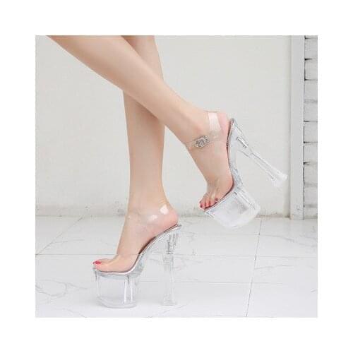 18cm crystal with summer new transparent square with high heels net red catwalk sandals fashion temperament female catwalk shoes