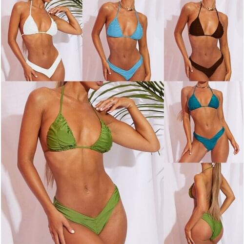 Triangle Bralette Bathing Suit 2021 New Sexy Puckered Bikini Set Women Solid Color Swimwear Two Piece Swimsuit Backless Halter