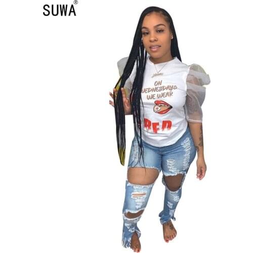 2020 New Summer Women T Shirts Puff Sleeve Funny Letter O-neck Short Seeve T-shirt Fashion Tee Top High Street Clothes