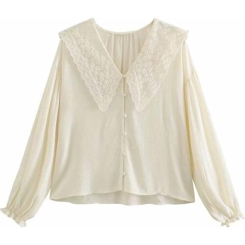 New 2021 Za Fashion Women Cotton Lightweight Cream Color Spring Shirt Trim Embroidered Neckline Ladies Tshirt Mujer Tops