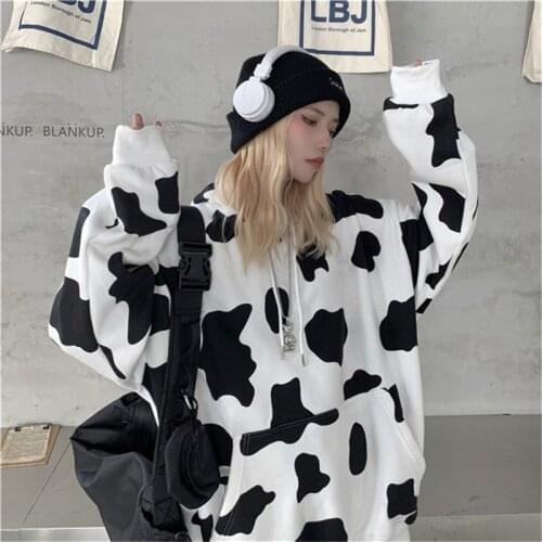 Fashion Loose Womens Sweatshirt Hoodie 2020 Autumn Cow Print Long Sleeve Casual Pullover Oversized Streetwear Winter Clothes