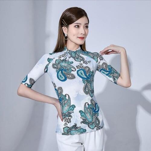 L21109A Latin Dance Tops Women Patchwork Half Sleeve Floral Design Latin Dance Tops for Modern Ballroom Dancing Performamnce