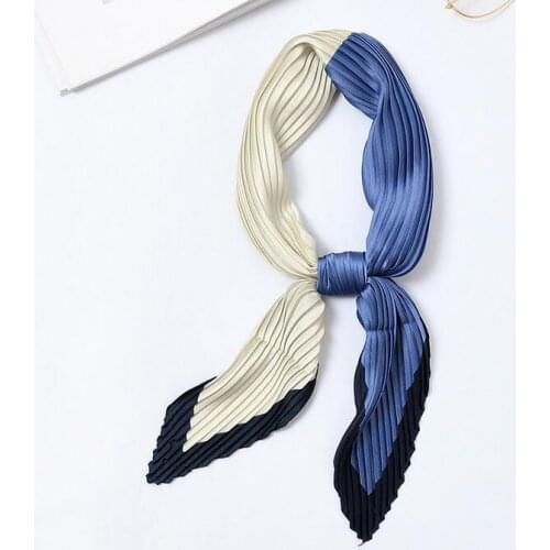Yishine Colors Patchwork Prints Women Silk Pleated Scarf Crinkle Foulard Small Neck Bandana Crumple Square Headwear New 55*55cm