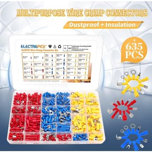 635Pcs Electrical Wire Connectors, Insulated Wire Crimp Terminals, Mixed Butt Ring Fork Spade Bullet Quick Disconnect Assortment