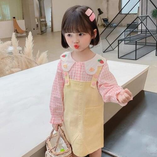 DFXD Kids Clothes Set Fashion Autumn Embroidery Collar Plaid Blouse Shirt+Strap Skirt Cotton Two Piece Girls Clothing Sets 2-7Y