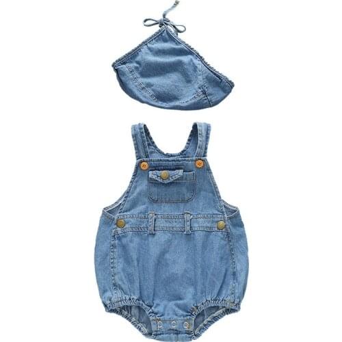 Baby Girl Clothes for Newborns Bodysuit Baby Boy Sling Denim Bodysuit + Hat Childrens Clothing for Girls Jumpsuit for Kids