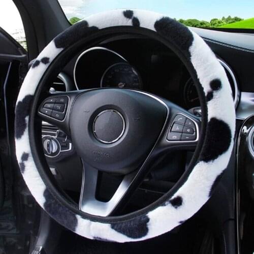 Elastic Soft Warm Cow pattern Plush 37-38cm Car Steering Wheel Cover Steering Cover Car-styling