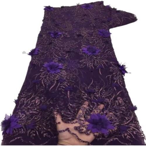 Purple Hot Sale African 3D Lace Fabric High Quality Sequins Nigeria French Tulle Mesh Lace Fabric for Bridal Materials Sew