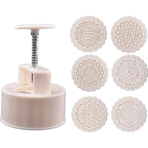 P9YE 250g Mooncake Mold with 6pcs Round Flower Stamps Hand Press Moon Cake Pastry DIY