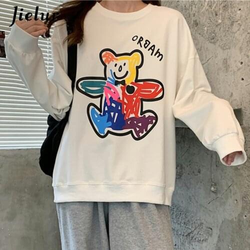 Jielur Kawaii Cartoon Bear Print Sweatshirt Women Spring Autumn Thin Leisure Top Female Pullover Black White Yellow Hoodie M-XL