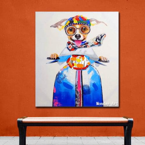 Paintings Wall Art 100% Handpainted lovely dog with bike on Canvas Modern Abstract Pictures Animal Oil Paintings for Home Decor