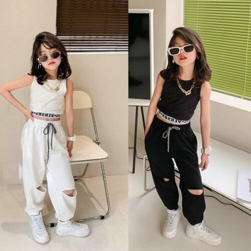 Two piece set vest sweatpants holes hollow out tracksuit sweatsuit toddler kids clothes outfits lounge wear crop top 3 to 8 yrs