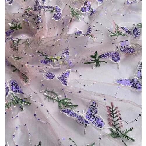 Colorful Sequin Beaded Butterfly Overlay Lavender Lace Fabric Tulle Lace For Bridal Dress Wedding Backdrop Garden party Dress