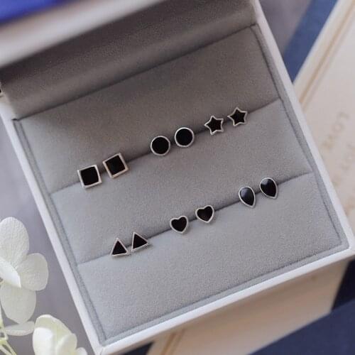 Minimalist Small Triangle Round Star Heart Earrings 925 Sterling Silver Stud Earrings For Women Black Enamel Wedding Earrings