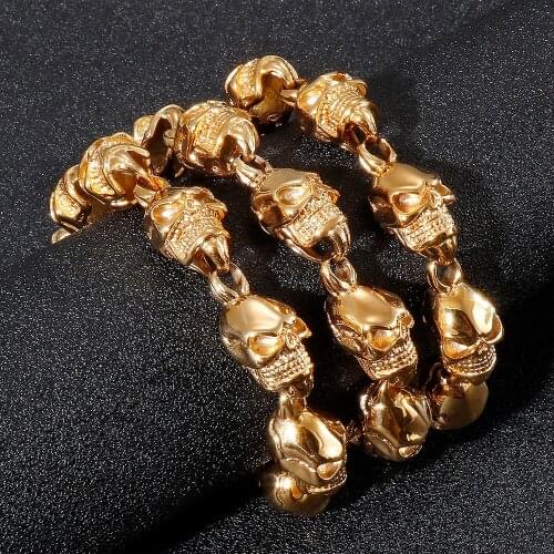 Fashion Heavy Gold Color Skull Head Necklace Men Women Stainless Steel Long Chain High Quality Hip Hop Jewelry Dropshipping