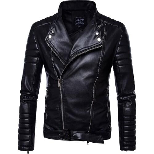 Good Quality Men Folds Leather Coats Slim Fit Diagonal Zipper PU Leather Jackets Men Moto Biker Learher Jackets and Coats 5XL