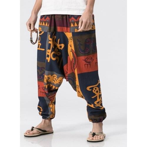 Male Harem Pants patchwork Pattern Elastic Waist Loose Trousers Mens national style linen cotton flower pants crotch trouser