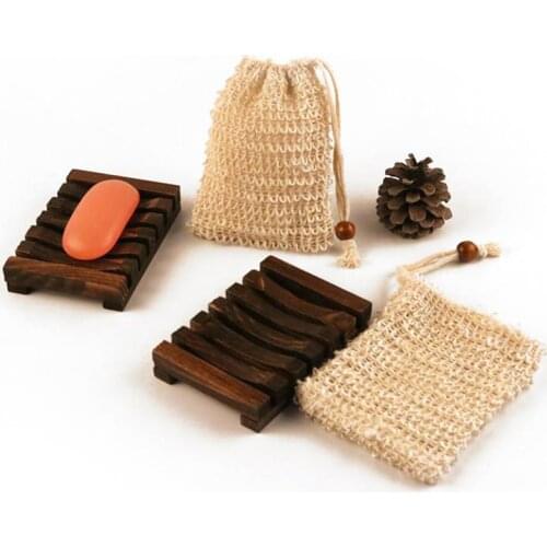 2pcs Natural wood soap dish cotton and linen foaming net wood soap tray storage soap holder bathroom shower soap bubble bag