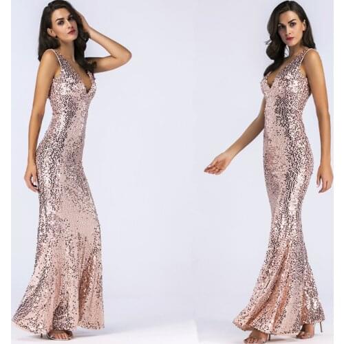 New Style Summer Long Trumpet Dress Women V Neck Paillette Sequins Backless Bodycon Slim Pencil Cocktail Party Tank Dresses