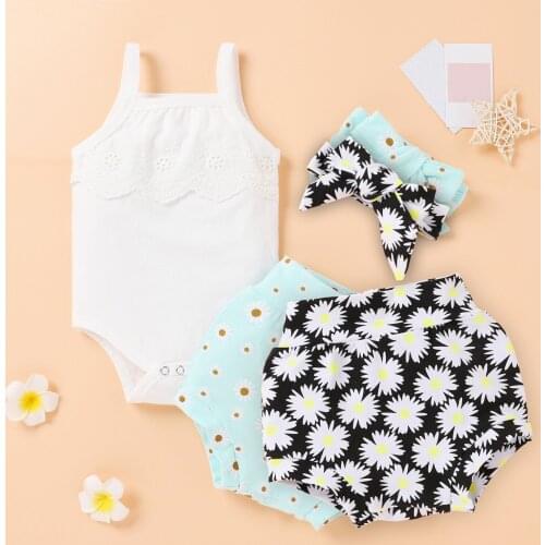Newborn Infant Baby Solid Color Vest Tops Romper Bodysuit + Floral Shorts Headband Set 3Pcs Outfit New Born Infant Clothing #02