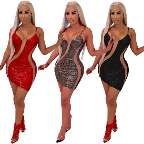 Adogirl Spaghetti Strap Mini Dress Sexy Sequin Mesh Patchwork Party Dresses Elegant Sleeveless Bandage See Through Vestidos