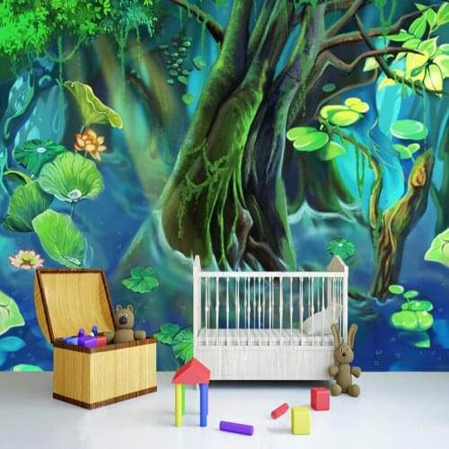 Custom Wall Cloth Drawn Fantasy Cartoon Forest Lotus Landscape Mural Wallpaper Bedroom Living Room Home Decor 3D Wall Covering