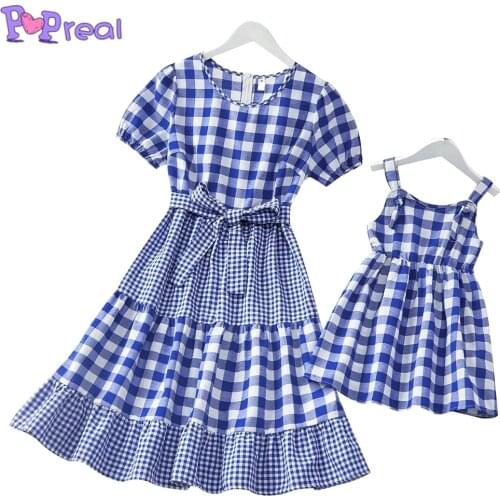 PopReal Summer Fashion Plaid Patchwork Family Matching Outfits Family Dress Mom And Daughter Skirt Mother Kids Dress Belt