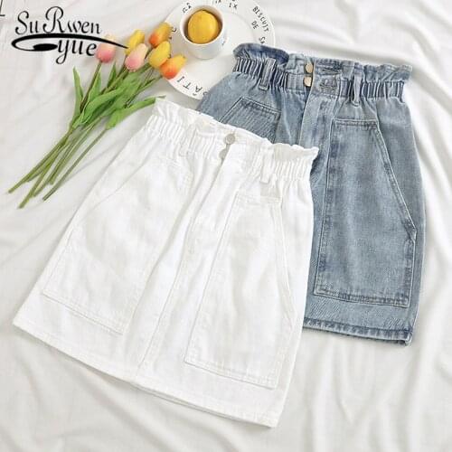 Casual White High Waist Jeans Skirts Denim Sexy A-line Mini Skirts Womens Elastic Waist Women Pockets Ruffles Female 6144 50