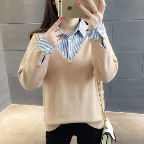 Spring And Autumn Sweater Shirt Stitching Fake Two-Piece Tops Fashion All-match Loose Sweater Office Womens Clothing Pullover