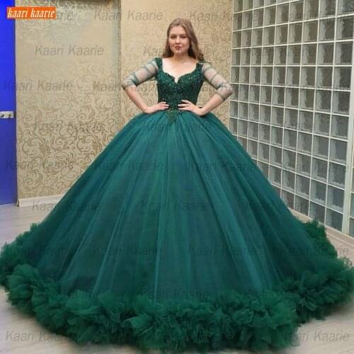 Dark Green Evening Gowns Lace Up Beaded Robe De Soiree Fluffy Tulle Ball Gown Women Dresses Long 2021 Abiti Da Cerimonia Da Sera