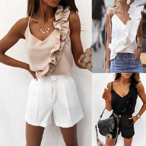 Summer Elegant Irregular Camisole Solid Color Female Slant Ruffled Shoulder Strap V-Neck Fitting Wild Streetwear Camis Top