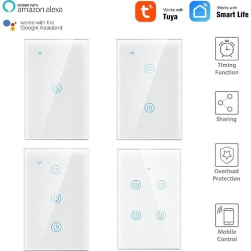 Tuya Smart Home Wifi+Bluetooth Smart Switch US 1/2/3/4 Gang Zero Fire Single Fire 2 In 1 Remote Control Switch Work With Alexa