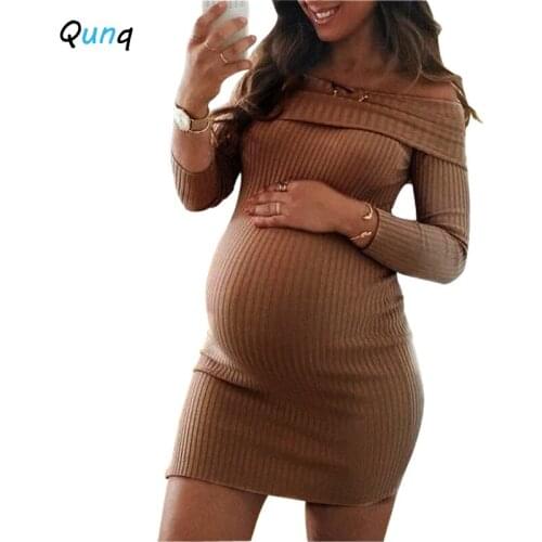 Knitting Maternity Dresses Long Sleeve Spring Fall Clothes for Pregnant Women Solid Shoulderless New Arrivals Maternity Gown